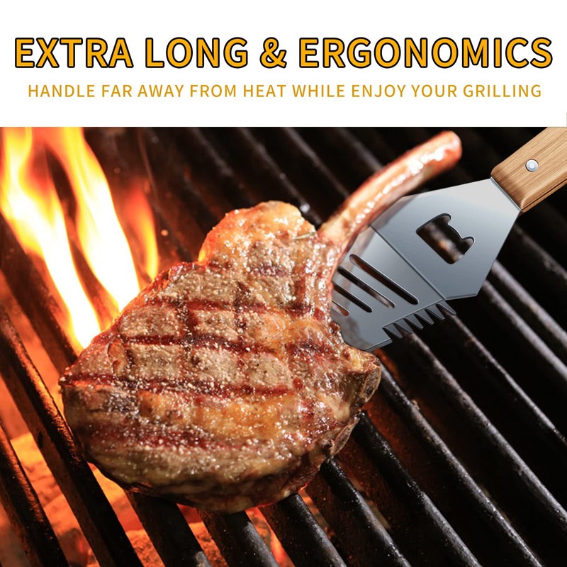Qinshaine 4-in-1 BBQ Spatula, Multifunction Grill Spatula with Wooden Handle,