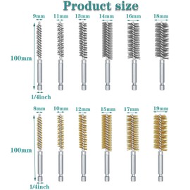 KEWAYO 12pcs Bore Brush Set, 8-19mm Stainless Steel Brass Cleaning Brush, 1/4 Inch Hex Shank Wire Brush, for Power Drill Cleaning