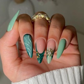 Almond Press on Nails Medium Fake Nails French Tip False Nails 3D Flower Design Glue on Nails Green Glossy Acrylic Nails Full Cover Stick on Nails Artificial Nails for Women 24 Pcs