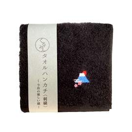 Kyoisu Imabari Embroidered Handkerchief, Approx. 9.8 x 9.8 inches (25 x 25 cm), Hand Towel, Wash, Mini, Cotton, Walnut, Mt. Fuji, Black