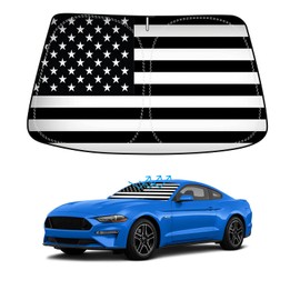 B&W American Flag Car Windshield Sun Shade Compatible with Ford Mustang 2015-2024 (NOT for Ford Mustang Mach-E) - Foldable Reflective USA Patriotic Window Sunshade for UV Protection & Heat Reduction