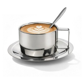 Roucerlin 304 Stainless Steel Coffee Cups with Spoon & Saucer, 6.8 Oz Metal Espresso Mugs, Double Walled Insulated Espresso Coffee Cup for Cappuccino Latte Milk Tea Beverages (1 Set，200 ml)
