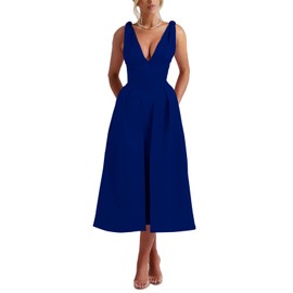 Puhrissimus Womens Sleeveless A-Line Swing Deep V Neck 1950s Retro Wedding Guest Cocktail Party Maxi Dresses Blue XL