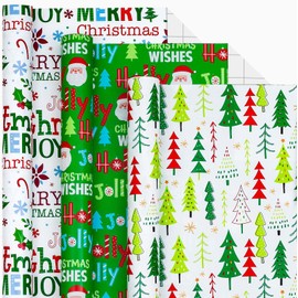 Merture Green Christmas Wrapping Paper Roll Set - 17 Inch X 120 Inch per Roll - 3 Rolls Gift Wrap with Happy Santa, Christmas Tree, Snowflake, Candy Cane for Christmas