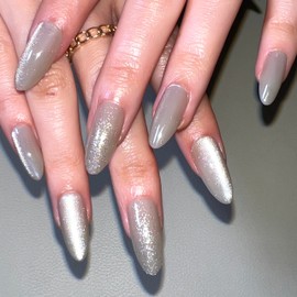 Fomkrio Shimmer Cat Eye and Glitter Cape Taupe Medium Press On Nails Almond Acrylic Fake Nails with Designs Spring Summer Nails for Women Girls, 15 Sizes - 30Pcs Manicure Nail Ki