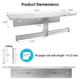 Hronta Toilet Paper Holder with Shelf, Double Toilet Paper Holder Wall Mount and 2PCS Free Adhesive Hooks for Bathroom Washroom, Marble Toilet Paper Holder Brushed Nickel