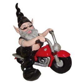 Nowaday Gnomes - Biker Dude The Biker Gnome in Leather Motorcycle Gear Riding His Red Bike Home & Garden Gnome Statue 12" H