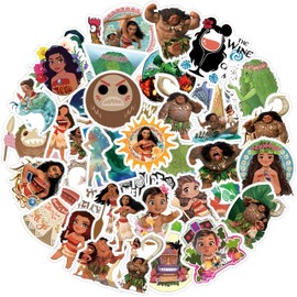 52Pcs Moana Stickers，Cartoon Aesthetic Vinyl Waterproof Sticker Decals for Water Bottle, Laptop, Phone, Scrapbook, Journaling for Kids Toddlers Teens Girls Adults Birthday Party Supplies Favors