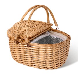 GRANNY SAYS Picnic Basket, Wicker Basket with Insulated Cooler, Woven Cute Basket with Handle, Storage Basket with Washable Lining & Dual-Flid Lid, Natural Willow Picnic Hamper