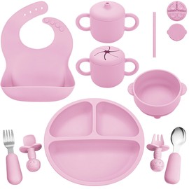 Bufims Silicone Baby Feeding Set, Baby Led Weaning Supplies, Eating Essentials Utensils with Suction Plate and Bowl, Pocket Bib, Sippy Cup with Lid, Forks Spoons Snack Container, for 6+ Months, Pink
