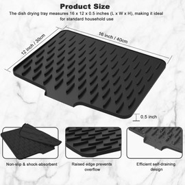 Silicone Dish Drying Mat for Kitchen Counter with Built in Drain Lip, Dish Drying Pad, Non-slip Drain Pad, Heat Resistant Drying Mat, Easy to Clean Tray Protect Surface, 15.8" x 12", Black