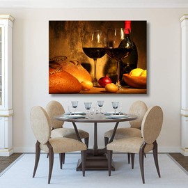 Looife Kitchen Still Life Canvas Wall Art, 24x18 Inch Gallery Wrapped Wine Cup with Bread Picture Prints Wall Decor, Food Art Deco for Dining Room and Bar