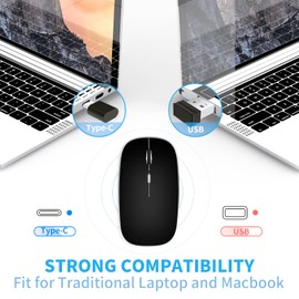 Leolee Mouse Inalámbrico, Ratón Inalámbrico Recargable, Mouse Wireless con 2.4G, óptico Silencioso Click, Receptor USB y Tipo-c Adaptador 3 Ajustable dpi para Computadora, Portátil, PC, Mac (Negro)