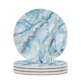Vibiliyou A Set of 1 Absorbent Round Drink Coasters,Featuring Abstract Blue Marble with Gold Painted Ceramic Stone Design，Wedding Decor,Living Room,Office,and Bar Decoration