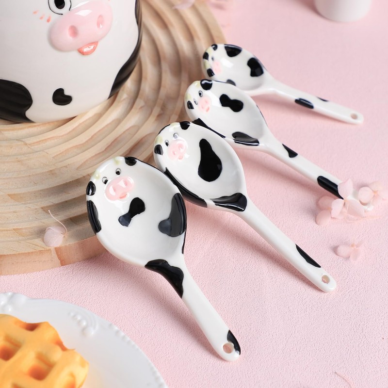 Sizikato 4pcs Porcelain Measuring Spoons with Base, Cow Shaped Ceramic