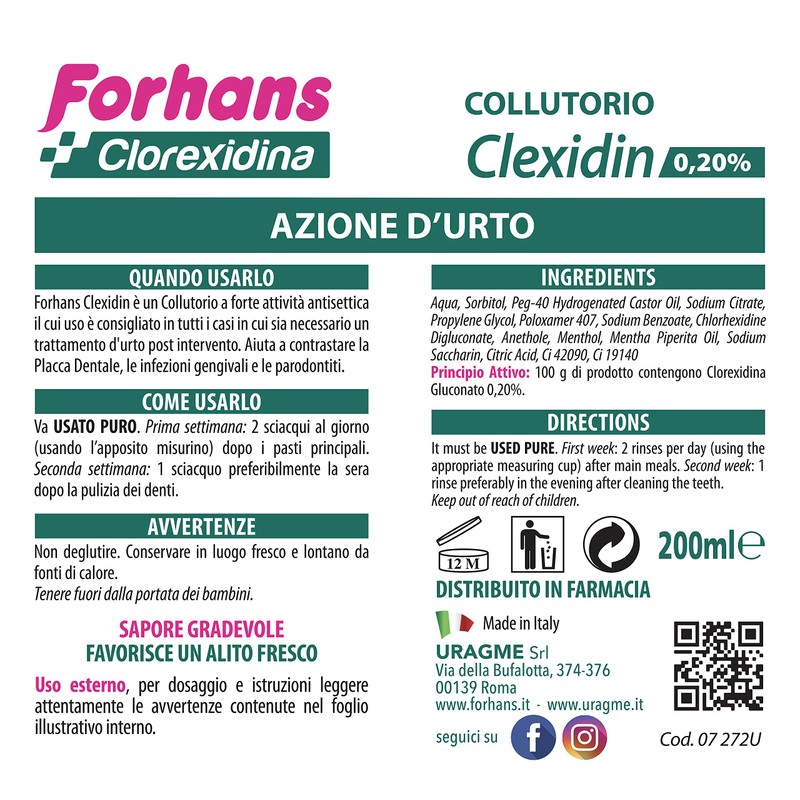 Forhans Liquido Antisettico Clorhexidina Clexidin 0.20% Collutorio dal gusto gradevole,