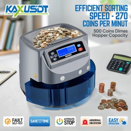 Professional USD Coin Counter & Coin Sorter Wrapper Machine, Electric Change Counter with LCD Display, Automatic Coin Roller Machine for Five U.S. Coins, Sorts 270 Coins/Min, 500 Coins Capacity