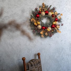 YULETIME 20-inch Christmas Wreath, Battery Operated Holiday Wreath with 20 Fairy Lights, Red & Gold Baubles, Frosty Red Berries, Pine Cones, Golden Leaves, Frosted Spruce Branches & Pine Needles (Red)