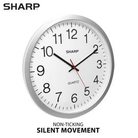 SHARP Wall Clock – Silver, Silent Non Ticking 14 Inch Quality Quartz Battery Operated Round Easy to Read Home/Kitchen/Office/Classroom/School Clocks, Sweep Movement