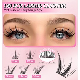 Manga Lash Clusters, 100Pcs Self-Adhesive Fairy Eyelash Clusters 7-10MM, Wispy Spiky C-Curl for DIY Anime Eye Makeup