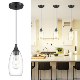 AUTELO Pendant Lights Kitchen Island, 1-Light Pendant Lights in Black Finish with Clear Glass, Industrial Pendant Light Fixtures, Black Hanging Lights for Kitchen Island, Dining Room H9300 CLBK