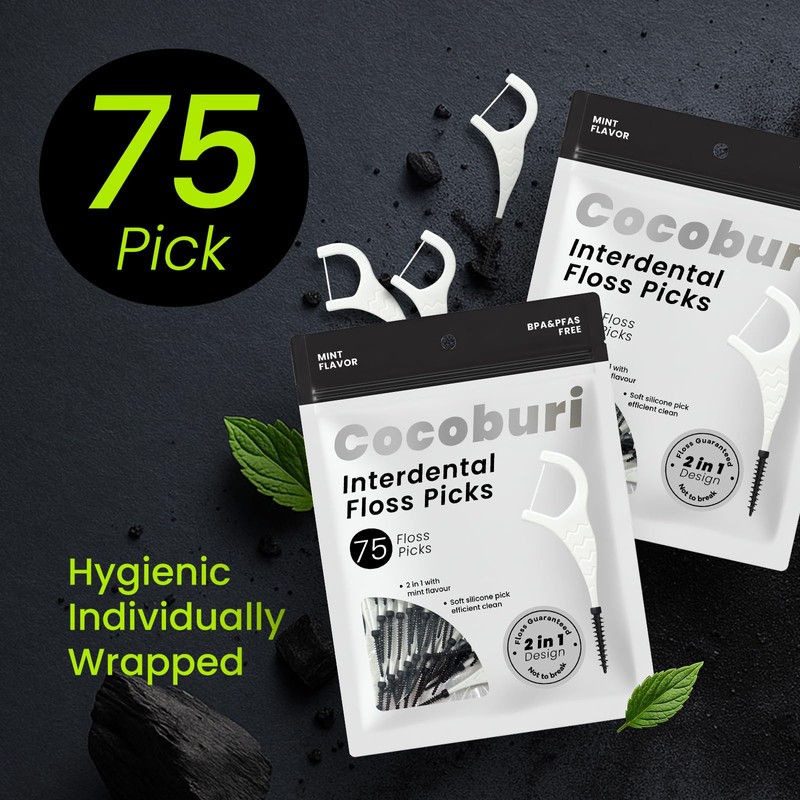 COCOBURI 2-in-1Dental Floss Picks,Soft Interdental Pick,BPA Free,Mint,75 ct