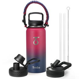 Trebo 32oz Water Bottle Insulated with Paracord Handle and Straw,Vacuum Double Wall Stainless Steel Water Jug Keep Cold 48 Hours, Water Flask with 3 Lids for Men Women Sports,Travel