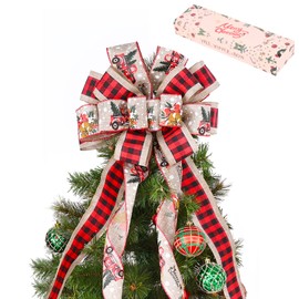 Christmas Tree Topper Bow with Streamers,48x13 Inches Large Toppers Bow for Xmas Home Decor,Red and Black Plaid Polyester Decorative Bow for Christmas Decoration (Red and Black)