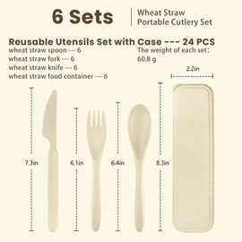 Homienly 6 Sets Wheat Straw Cutlery, Reusable Travel Utensils Set with Case, Wheat Straw Portable Knife Fork Spoons Cutlery Set, Spoon Fork Knife Tableware Set for Outdoor Office Picnic Camping(Beige)