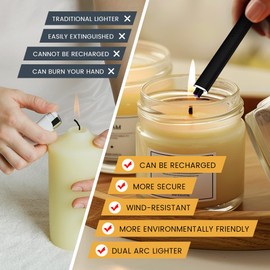 Candle Lighter,Windproof Flameless Long Lighter with Dual Arc, USB Lighter Rechargeable Lighter for Candles, Grill and Fireworks