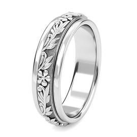 Fidget Ring - 925 Sterling Silver Anxiety Rings - Spinner Rings for Women & Men - 360° Spinning Rotatable Ring to Relieve Stress & Worry - Floral Vine Design - Platinum Plated - Size J