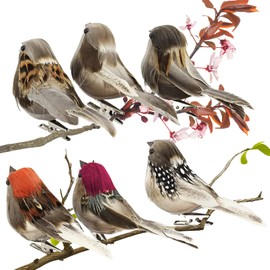 xlwen Artificial Birds with Feathers and Clip, Pack of 6 Artificial Birds Feather Bird Model, Mini Bird Decorative Figure, 6 Colours Bird with Clip for Crafts, Garden, Bird, Party Decorations