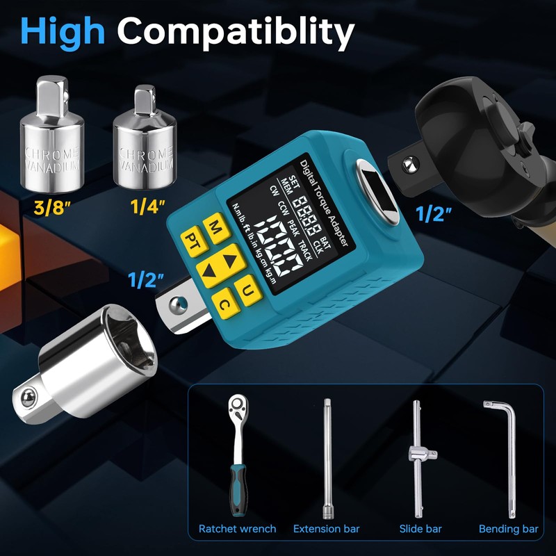 Upgrade 1/2" Digital Torque Adapter, (±1% Accuracy, 5-100Ft-lb), Precision Digital