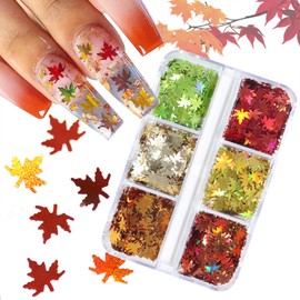 6 Grids 3D Maple Leaf Glitter Nail Sequins Red Gold Leaf Nail Art Flakes Autumn Leaf Glitter Nail Art Accessories Nail Art Design Supplies for Manicure Decorations DIY Crafts
