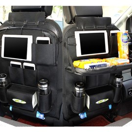 Organizador Universal para Asiento de Coche, multibolsillo, de Piel sintética, con Soporte para Tazas, Plegable, Carga por USB, Negro                 