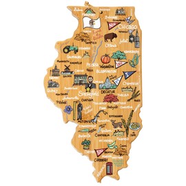 Totally Bamboo Illinois State Shaped Cutting Board and Charcuterie Serving Platter with Artwork by Fish Kiss, Includes Hang Tie for Wall Display