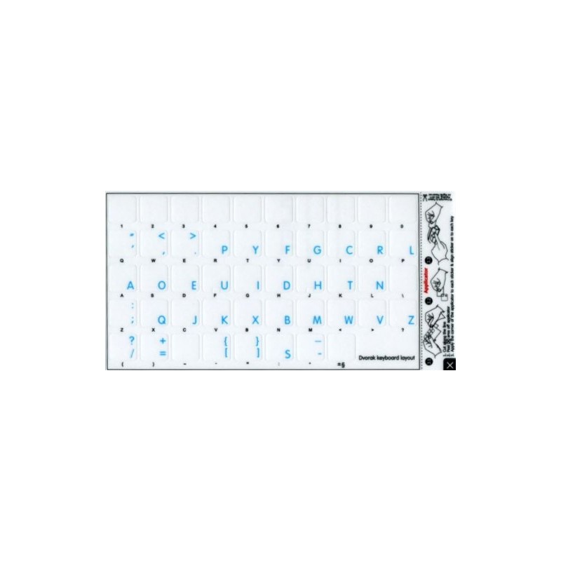 DVORAK STICKY LABELS for KEYBOARD with BLUE LETTERING TRANSPARENT BACKGROUND