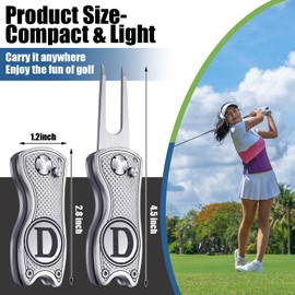 Sonwyoung Golf Divot Repair Tool with Letter Monogrammed Initial Ball Marker Foldable Metal Tool with Magnetic Putt Alignment Golf Accessories Golfer Valentine‘s Day Gifts for Men(Silver,Letter D)