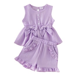 Aenbilo Baby Girl Clothes 12 18 Months Infant Summer Outfits Cute Bow Sleeveless Top and Ruffle Shorts 2pc Set Purple 12-18 Months