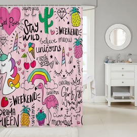 Manfei Rainbow Unicorn Kids Shower Curtains,Flamingo Cactus Strawberry Cherry Cartoon Bathroom Curtains for Girls Boys Adults,Watercolor Doodle Cute Waterproof Curtains,12 Hooks Suits,72" W x 72" L