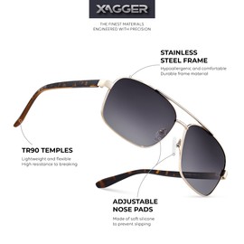 Xagger Polarized Brow Bar Square Aviator Sunglasses for Men Retro Pilot Military Metal Driving Fishing Golf Shades UV400