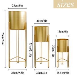 TRIROCKS Set of 3 Planters With Stand Indoor Outdoor Gold Planters For Indoor Plants 29 &18 &12" Tall Morden Planters Flower Pots For Living Room Corner Kitchen Office Garden Balcony Patio Decor(Gold)