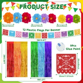 13 Pcs Mexican Party Decoration Set Tissue Paper Flowers Fiesta Papel Picado Banner Foil Fringe Curtains Backdrop Mexico Fiesta Party Decorations for Cinco De Mayo Decor
