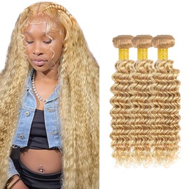 613 Human Hair Bundles Blonde Deep Wave Bundle 613/27 Human Hair Bundle 20 22 24 inch Honey Blonde 3 Bundles 300g