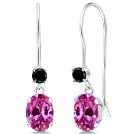 Gem Stone King 14K White Gold Pink Created Sapphire and Black Diamond French Wire Dangle Earrings For Women (1.33 Cttw, Gemstone September Birthstone, Oval 6X4MM and Round 2.5MM)