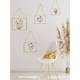 REDHUGO Hanging Pressed Flower Frame Handmade, Double Glass Picture Frame Floater frame Floating Frame for Pressed Flowers Home Wall Artwork, Rectangle Horizontal 5×7 inches, Gold (FRAME ONLY)