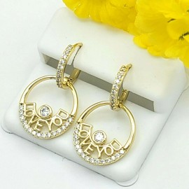 JEYFEL 14K Gold Plated CZ LOVE YOU lettering Hoop Earrings. Beautiful Classy Hoops