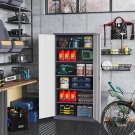 STANI Metal Garage Storage Cabinet with Lock, 71" Steel Lockable File Cabinet, Locking Steel Storage Cabinet with 4 Adjustable Shelves for Home, Office, Warehouse, Garage, School (White+Grey)