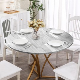 Wood Grain 42 Inch Round Fitted Cloth Tablecloth with Elastic Edged, Waterproof Oil Proof Wipeable Table Cover for Indoor Outdoor Patio Table, Fits Round Tables Up to 40" - 44" Diameter