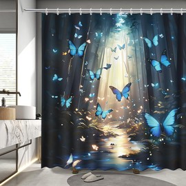 APROPHIC Shower Curtain Butterfly Shower Curtain 180 x 180 cm Shower Blind for Bathtub Bath Curtain Textile Shower Curtains Blue Shower Curtain Waterproof with 12 Shower Curtain Rings